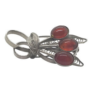 Vintage Silver Filigree Brooch Floral Red Carnelian Cabochon Stones Art Deco Pin